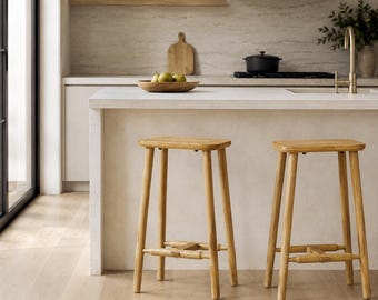 Solid Oak Wood Stool – Handcrafted Rustic Modern Counter Bar Accent Stool