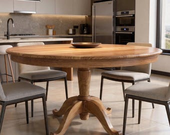 Mid-century Rustic Round table | Solid Reclaimed Teak Wood Farmhouse Kitchen Table for Dining Room