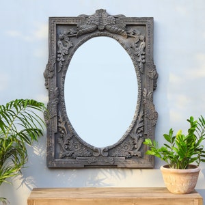 Vintage Mid-Century Carving Mirror Frame, Oval Mirror Frame, Vintage Carving,  Reclaimed Wood, Hand-Carved, Antique Smoky Grey Finish