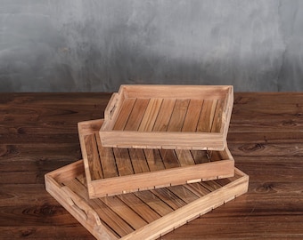 Rustic Reclaimed Teak Serving Tray Set: Wooden Farmhouse Trays with Handles | Home Decor