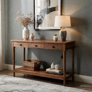 Reclaimed Teak Wood Console Table | Rustic Entryway Table with Drawers & Shelf