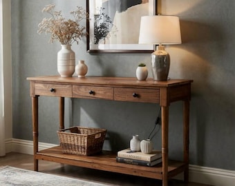 Reclaimed Teak Wood Console Table | Rustic Entryway Table with Drawers & Shelf