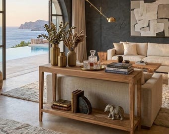 Reclaimed Wood Hallway Table - Vintage Teak Console Table Entryway Shelf with Storage Drawer