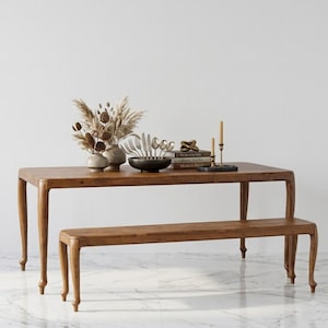 Vintage Reclaimed Teak Dining Table and Bench Set, Handcrafted Solid Wood Kitchen Furniture.