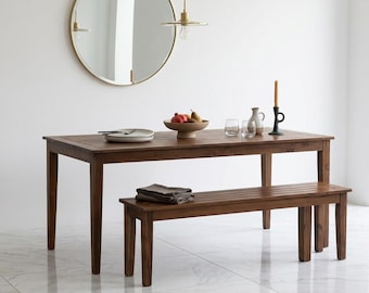 Reclaimed Teak Dining Table and Bench Set, Solid Wood Farmhouse Furniture