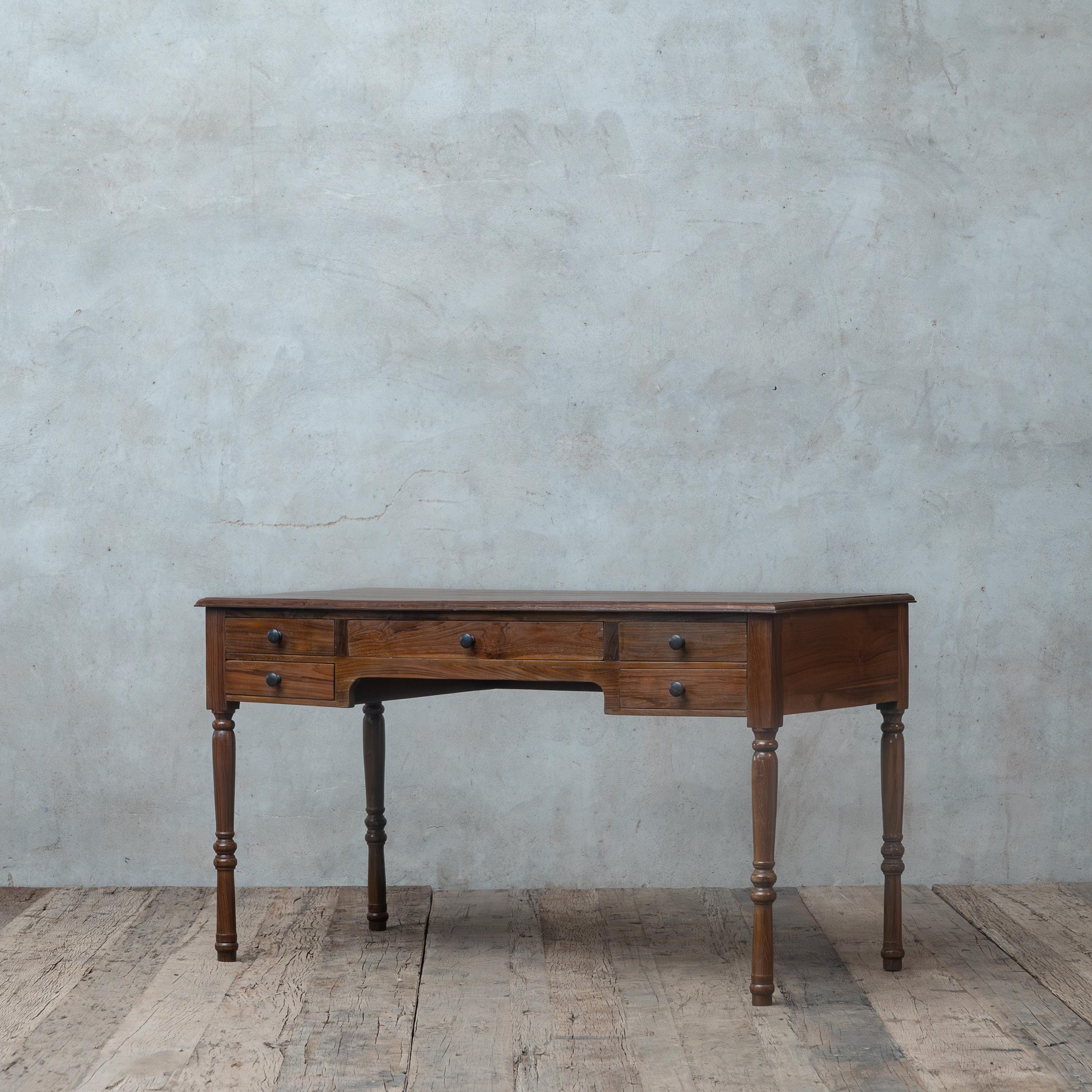 Traditional Desk With 5 Drawers, Rustic Writing Desk, Reclaimed Teak Wood Home Office Desk, Office Desk With drawer, Vintage Desk For Study