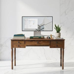 Reclaimed Teak Executive Desk with 5 Drawers: Vintage Turned Legs, Solid Wood Office Furniture