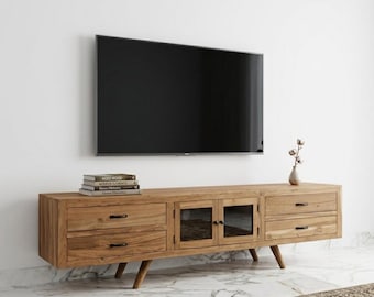 Reclaimed Teak TV Stand, Solid Wood Media Console with Storage, Handmade Wooden TV Unit