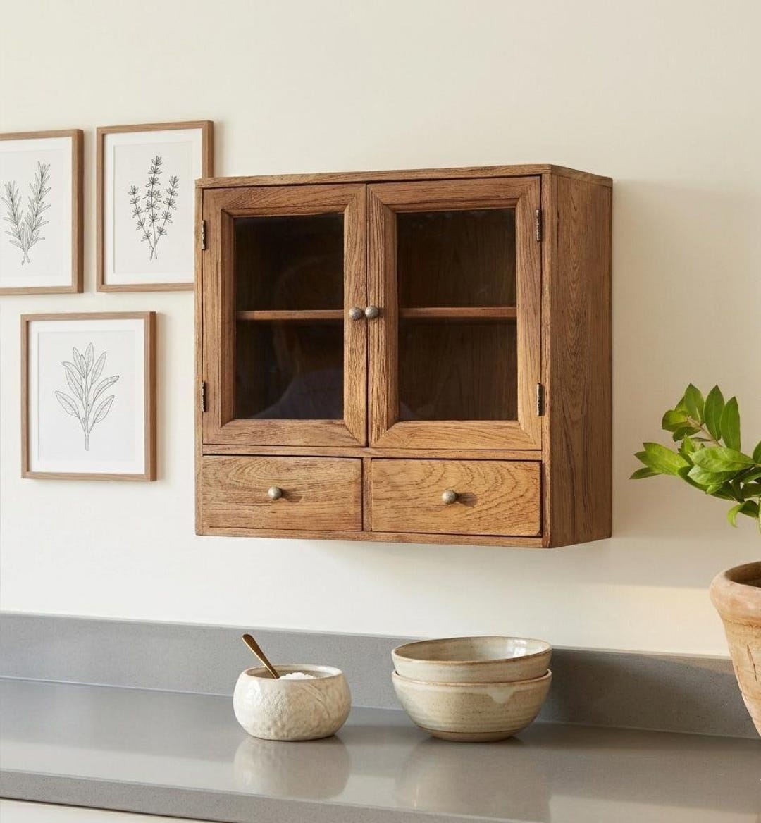 Reclaimed Teak Wall Cabinet: Rustic Kitchen Storage With Glass Doors ...