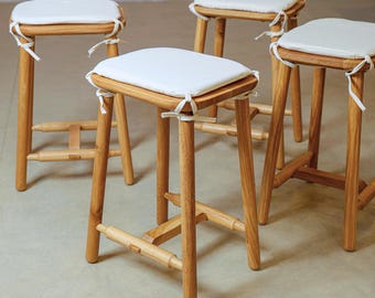 Rustic Modern Counter Bar Stool with an Upholstered Cushion Seat and Solid Oak Wood Construction