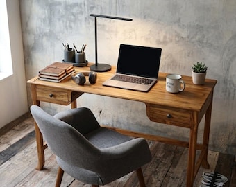 Reclaimed Teak Wood Desk: Rustic Home Office Table with Drawers
