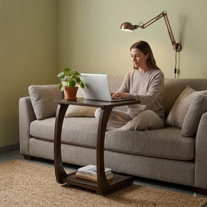 Handcrafted Teak Wood C-Shaped Side Table, Reclaimed Wood Laptop Desk with Wheels