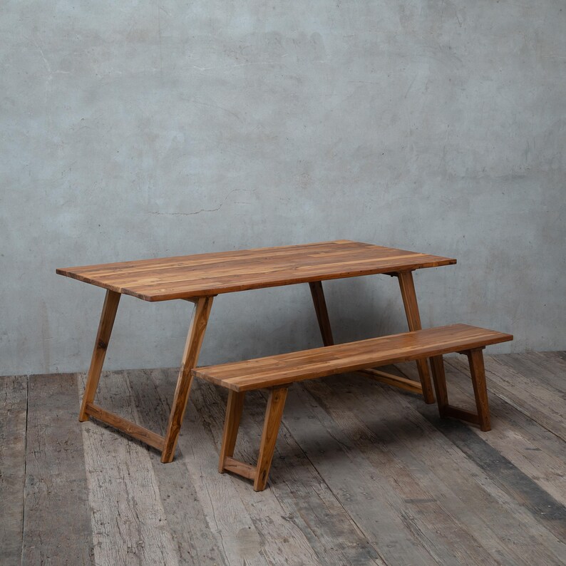 Dining Table and Bench Set Made of Reclaimed Teak Wood: Rustic Modern ...