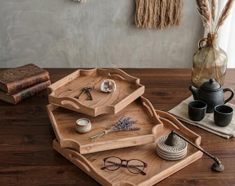 Artisan Teakwood Serving Trays, Set of 3, Reclaimed Wood Farmhouse Platters