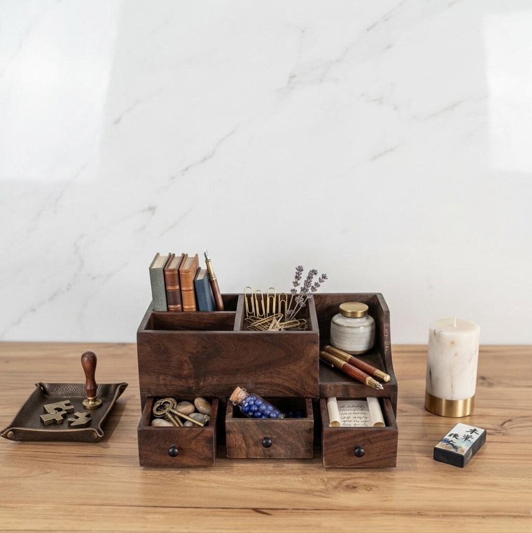 Reclaimed Teak Desk Organizer With Drawers: Wooden Desktop Storage for ...