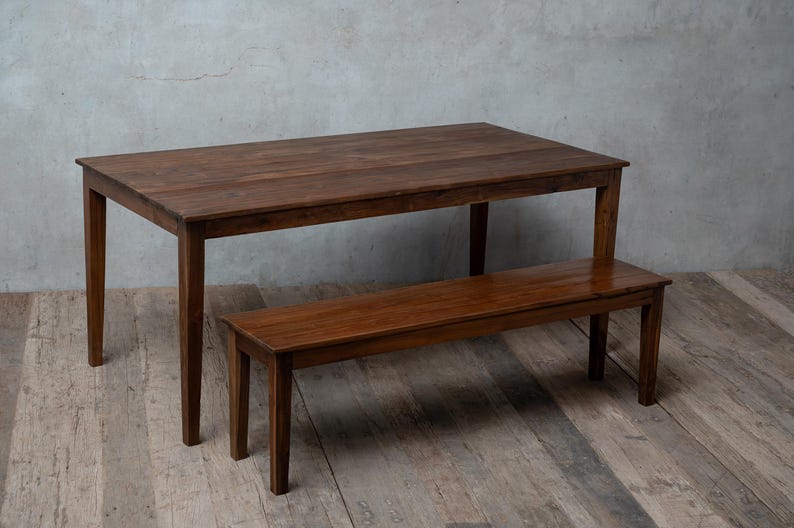 Reclaimed Teak Dining Table and Bench Set, Solid Wood Farmhouse ...
