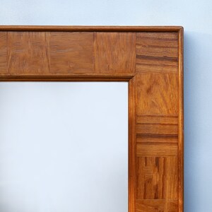 Custom reclaimed teak wood mirror frame with a modern dimensional border, natural lacquer finish and one-of-a-kind wood grain. Designed for bathroom, bedroom, living room, dressing area or entryway. Reclaimed teak wall mirror, large wooden mirror, solid wood mirror frame, custom size mirror, handmade teak furniture, rustic modern home decor, Indian handicraft furniture.