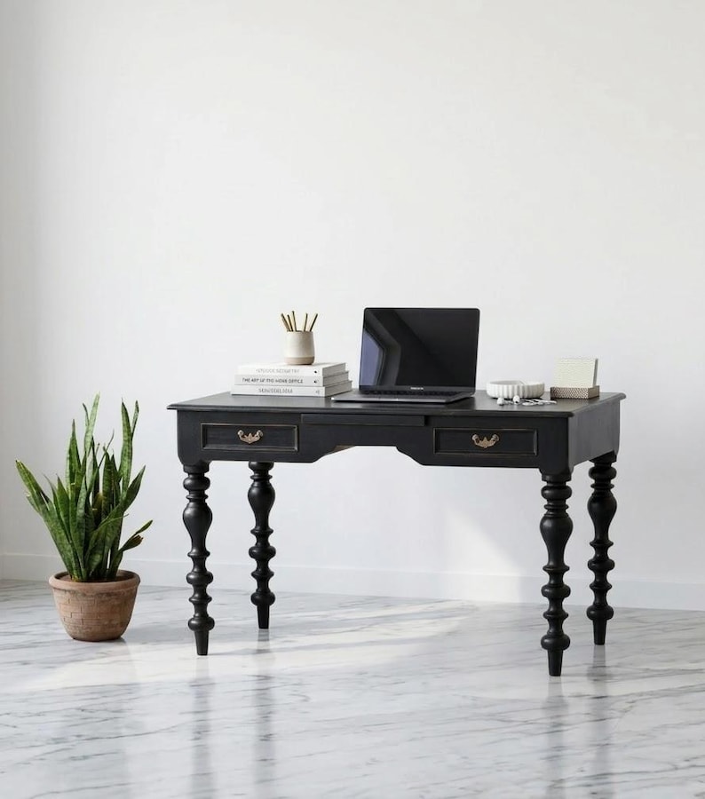Reclaimed Teak Wood Writing Desk, Vintage Black Finish, Traditional ...