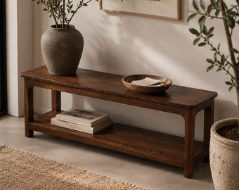 Reclaimed Teak Wood Bench with Shelf | Rustic Entryway Hallway Shoe Storage