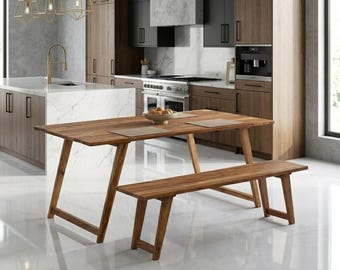 Dining Table and Bench Set Made of Reclaimed Teak Wood: Rustic Modern Kitchen Furniture