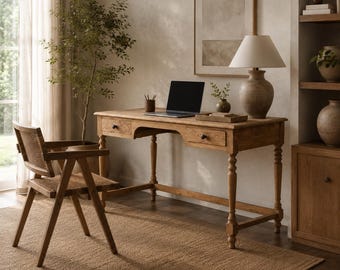 Reclaimed Teak Wood Writing Desk: Mid-Century Style Vintage Office Desk with 2 Drawers