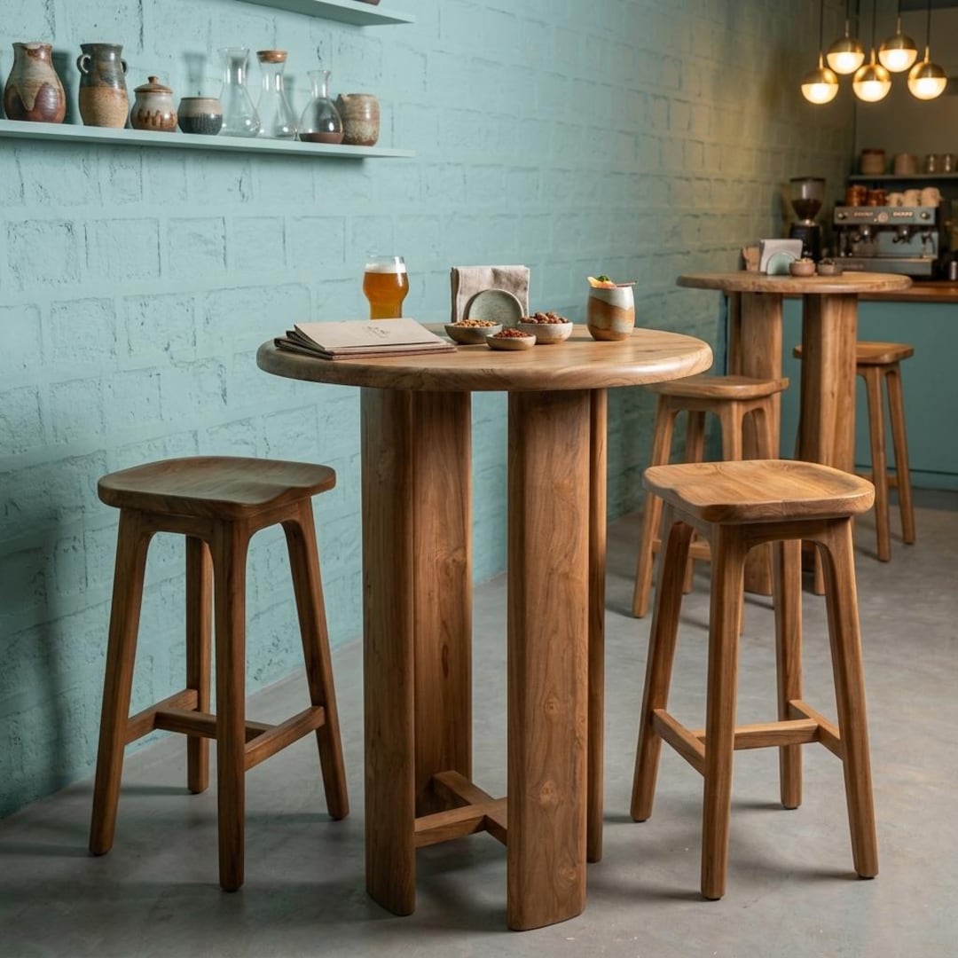 Reclaimed Teak Wood Round Bar Table, Rustic Farmhouse Pub and Kitchen ...