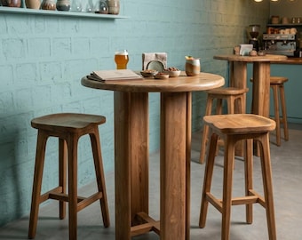 Reclaimed Teak Wood Round Bar Table, Rustic Farmhouse Pub and Kitchen Table