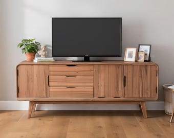 Reclaimed Teak Wood Media Console: Rustic TV Stand with Storage, Solid Wood Entertainment Unit