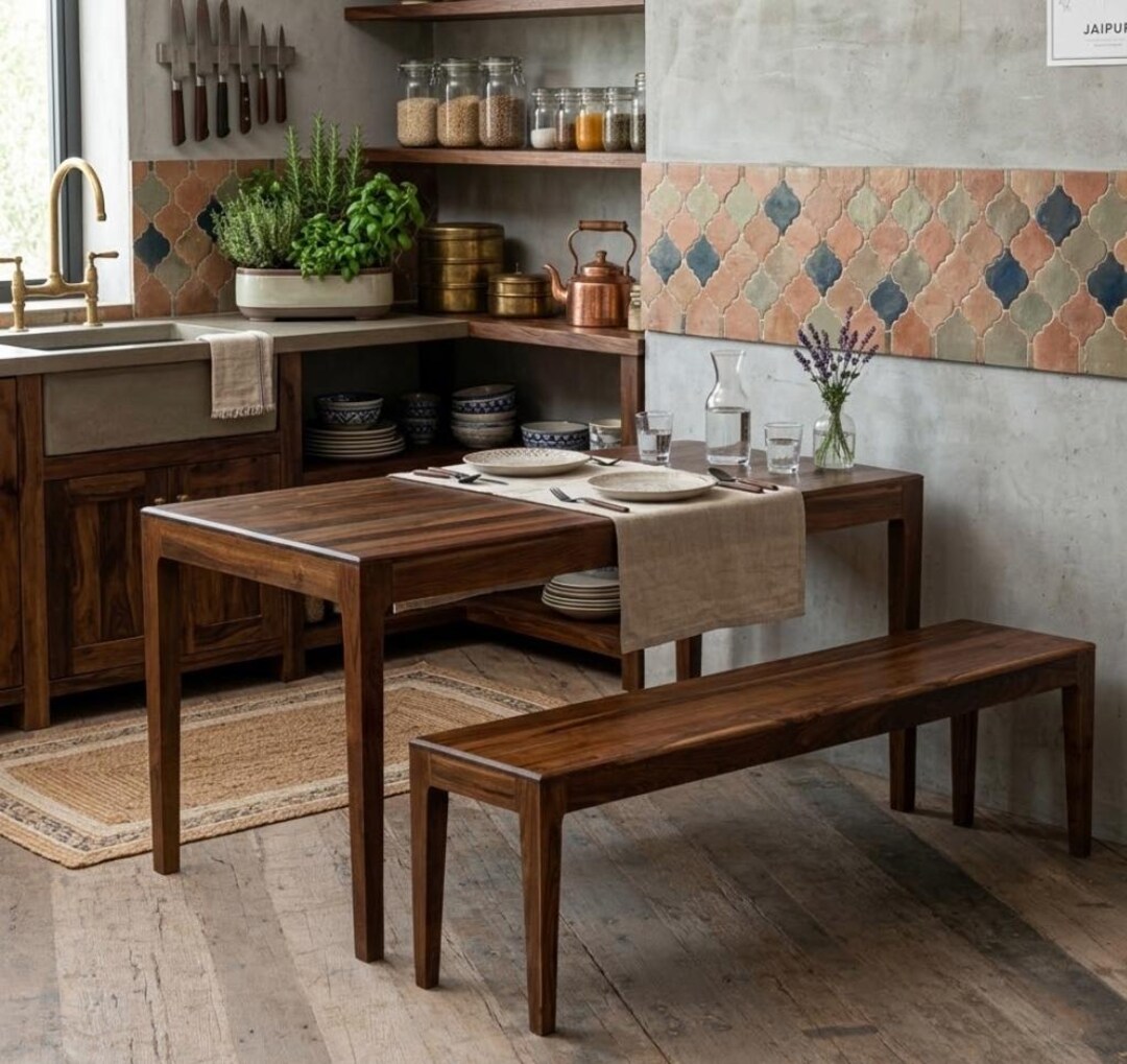 Handcrafted Reclaimed Teak Dining Table & Bench Set | Modern Farmhouse ...