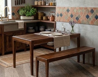 Handcrafted Reclaimed Teak Dining Table & Bench Set | Modern Farmhouse Kitchen Furniture | Wood Dining Seating