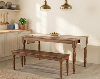 Rustic Reclaimed Teak Dining Table Set with Bench: Solid Wood Farmhouse Kitchen Dining Furniture