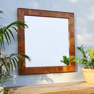 Custom reclaimed teak wood mirror frame with a modern dimensional border, natural lacquer finish and one-of-a-kind wood grain. Designed for bathroom, bedroom, living room, dressing area or entryway. Reclaimed teak wall mirror, large wooden mirror, solid wood mirror frame, custom size mirror, handmade teak furniture, rustic modern home decor, Indian handicraft furniture.