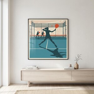 Joueuse en bandeja — joueuse en bandeja latérale aérienne, partenaire féminine ferme le filet, duo féminin complémentaire — Padel Art Print