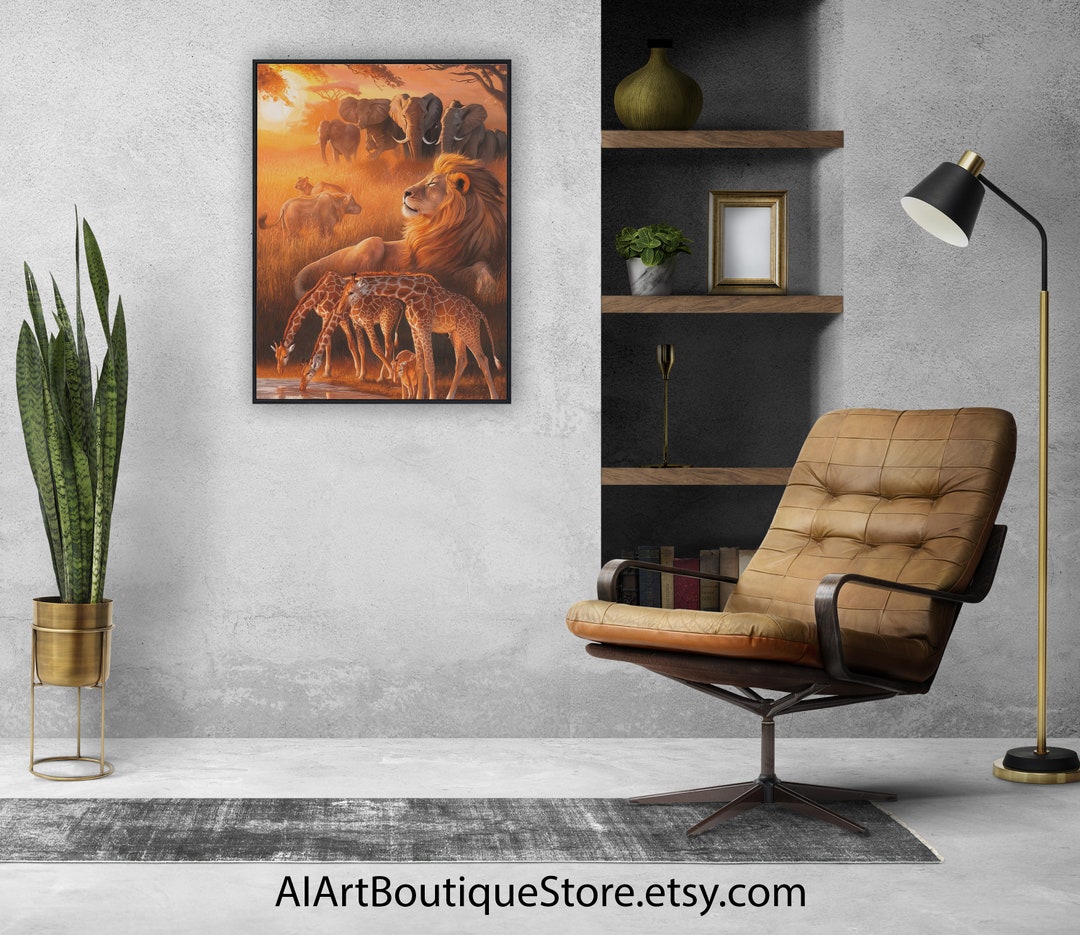 African Savanna Sunset Painting AI Art Golden Lion, Giraffe Family ...