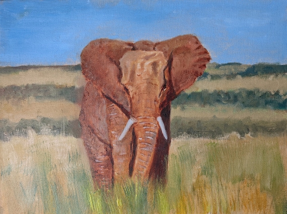 Elephant 油絵 象 絵画 手描きの象のアート 輝く色合いの神秘的な青い