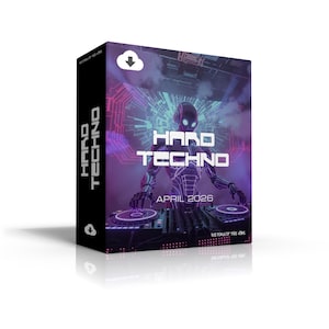 May include: A black box featuring the words "HARD TECHNO" in white, alongside a futuristic DJ graphic. The image shows a DJ mixing on turntables with a purple and blue backdrop. The text "APRIL 2026" is also visible.