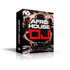 Puede incluir: Una portada de álbum roja y negra con el texto "Afro House DJ 2025 Playlist" y un DJ mezclando música en una mesa de mezclas.