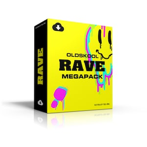 Könnte beinhalten: Eine neongelbe Box mit den Worten "OLDSKOOL RAVE MEGAPACK" in fetten schwarzen Buchstaben. Die Box zeigt ein Smiley-Gesicht mit tropfenden Neonfarben und einem pink-blauen Spritzdesign. Das Wort "RAVE" ist vertikal auf der Seite gedruckt.