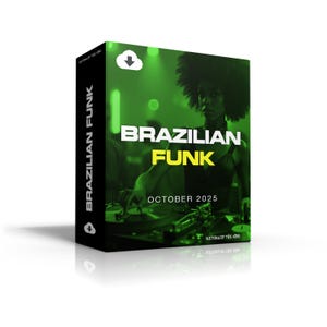 Puede incluir: Una caja negra con las palabras "BRAZILIAN FUNK" en blanco y amarillo. La caja presenta un DJ en un entorno iluminado en verde. El texto "OCTUBRE 2025" también es visible. El lateral de la caja dice "BRAZILIAN FUNK".