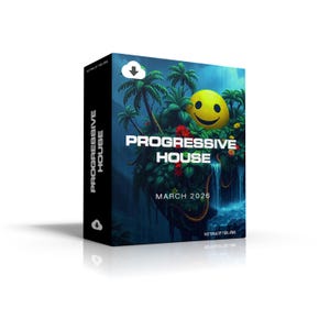 Op de afbeelding: Zwarte doos met de woorden "Progressive House" en "Maart 2026". De doos heeft een tropisch landschap met een waterval, palmbomen en een gele smiley. De zijkant van de doos leest "Progressive House".
