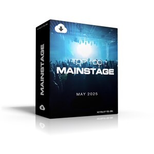 May include: A black box with the word "MAINSTAGE" in white on the side. The front of the box features a concert scene with the text "TOP 100 MAINSTAGE MAY 2025". A cloud icon is at the top.
