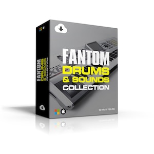 Puede incluir: Una caja de producto para el software "FANTOM DRUMS & SOUNDS COLLECTION". La caja es principalmente gris con el nombre del producto en texto grande blanco y amarillo. La imagen en la caja muestra un teclado. El logotipo de Apple es visible.