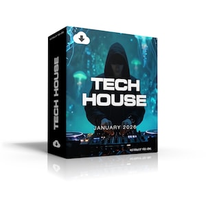 May include: A black box with the words "TECH HOUSE" in white. The front of the box features a person in a hoodie operating a DJ mixer. The text "JANUARY 2026" is also visible. The background has a blue and green color scheme.
