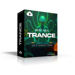 Peut inclure: Une boîte de produit avec un graphisme d'extraterrestre DJ vert. La boîte porte le mot "TRANCE" en blanc sur le côté et "BEST NEW TRANCE JUILLET-AOÛT 2025" sur le devant. Le fond présente un feuillage vert.