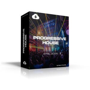 Peut inclure: Une boîte noire avec l'inscription "Progressive House" en blanc, et "April 2026" en dessous. L'image montre une foule lors d'un concert avec des lumières colorées et une icône de téléchargement.