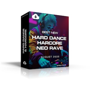 Puede incluir: Una caja de producto con un diseño de neón. La parte frontal muestra "BEST NEW HARD DANCE HARCORE NEO RAVE AUGUST 2025." El lateral de la caja dice "HARD DANCE & HARCORE." La imagen muestra a una persona con auriculares.