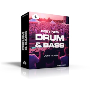 Puede incluir: Una caja negra con las palabras "DRUM & BASS" en blanco en el lateral. La parte frontal muestra una multitud en un concierto con el texto "BEST NEW DRUM & BASS JUNE 2025". Un icono de descarga en la parte superior.