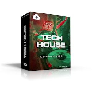 May include: A black box with the words "TECH HOUSE" in white and green. The box features a DJ performing with turntables and a laptop. The text "DECEMBER 2025" is also visible. The box has a cloud download icon.