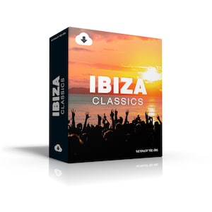 Puede incluir: Caja de producto con las palabras "IBIZA CLASSICS" en blanco sobre un fondo de puesta de sol. La caja tiene un lomo azul oscuro con la palabra "IBIZA" en blanco. Figuras silueteadas con las manos levantadas en primer plano.