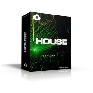 Op de afbeelding: Een zwarte doos met het woord "HOUSE" in grote witte letters. De doos toont een groene laserlichtshow boven een menigte, met de tekst "FEBRUARY 2026". De doos heeft ook de tekst "RETURN OF THE VIBE".